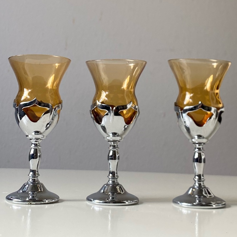 Vintage Art Deco Farber Brothers Krome Kraft cordial glasses Amber glass - 3 pcs